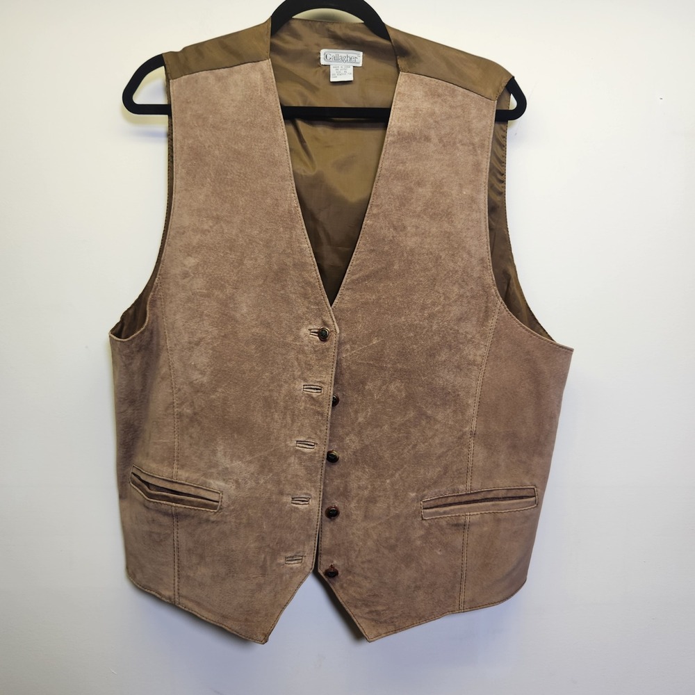 Vtg Gallagher 100% Suede Leather Men's Vest Brown Lined XL Tie Back 5 Button